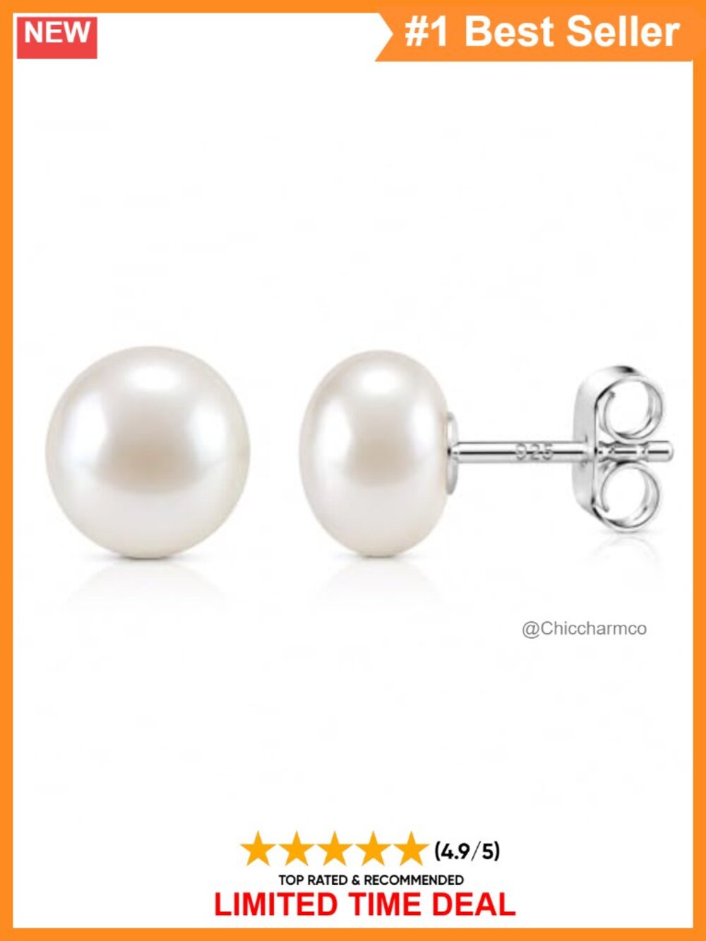 White Gold Plated Sterling Silver Freshwater Pearl Stud Earrings 8-9mm